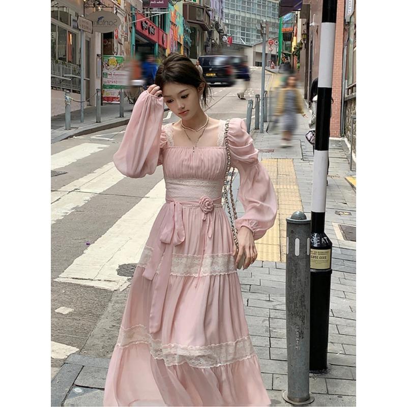 2024 летнее женское французское элегантное кружевное платье миди, праздничное корейское модное платье с длинными рукавами, пляжное шифоновое облегающее платье феи, шикарное