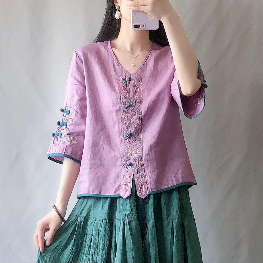 Summer Women's Clothing Shirts Blouse Blusa Mujer Vintage Casual Camisas Woman Blouses Cotton Linen V-Neck Embroidery