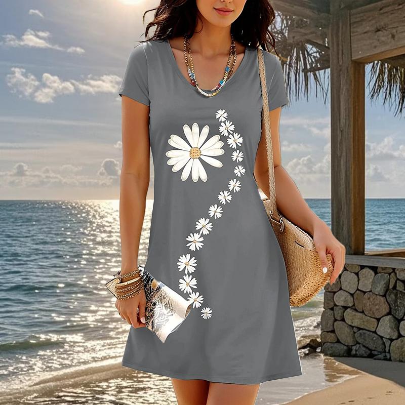 Модное женское свободное платье-трапеция с цветочным принтом и коротким рукавом с круглым вырезом и принтом листьев