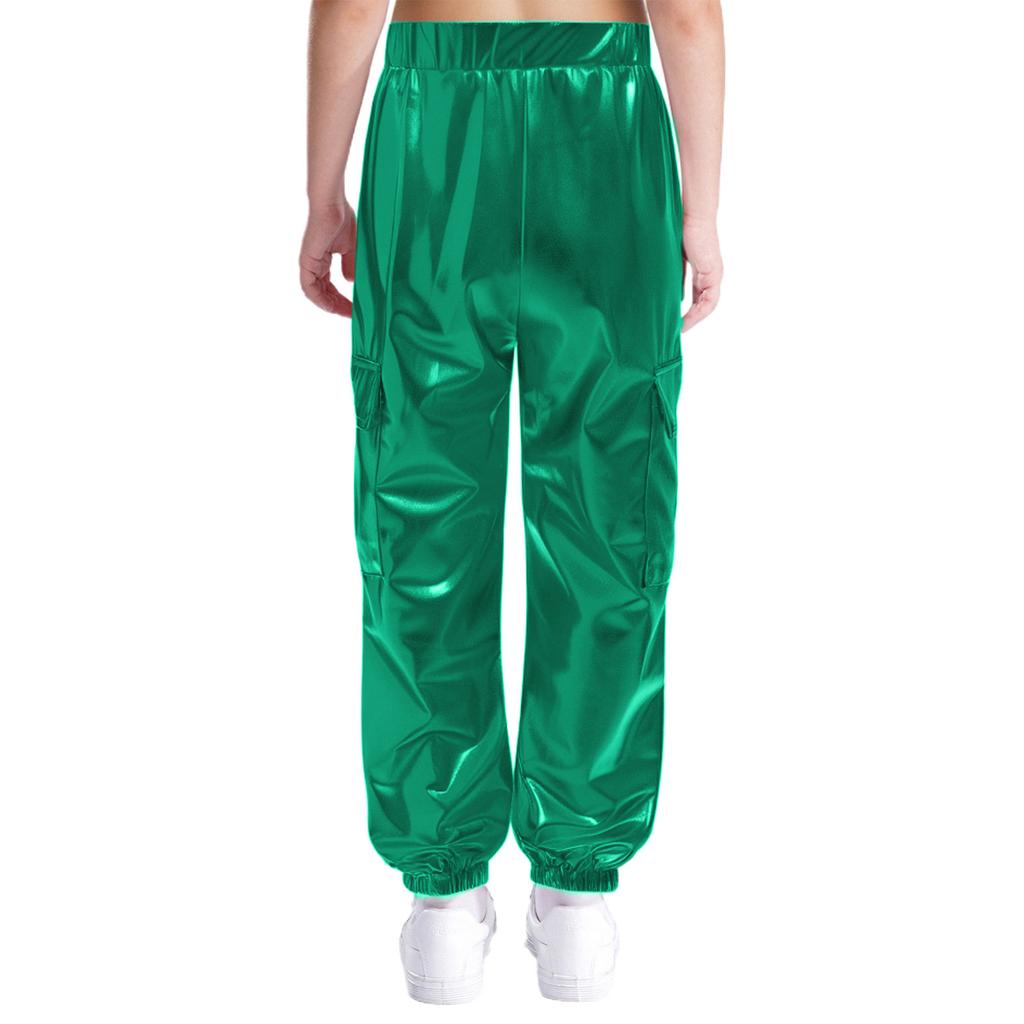 Unisex Kids Metallic Shiny Pants Elastic Waistband Design Hip Hop Jazz Dance Trousers