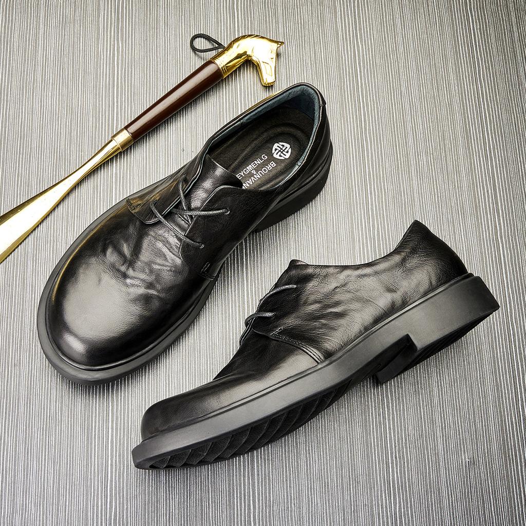 Casual Leather Shoes Men'S Spring Summer British Style Leather Low-Top Lace-Up Shoes Breathable Round Head Business Small Leather Shoes