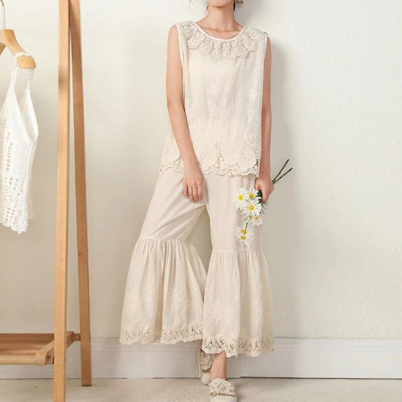 Johnature Summer Ankle-length Boot Cut Pants Mori Vintage Cotton Elastic Waist Solid Color Loose Lace Women Pants