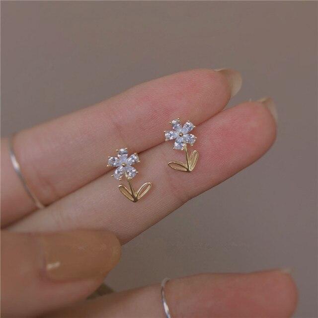 925 Sterling Silver Korean Simple Crystal Flower Plating 14k Gold Stud Earrings Women Fashion Classic Wedding Gift Jewelry
