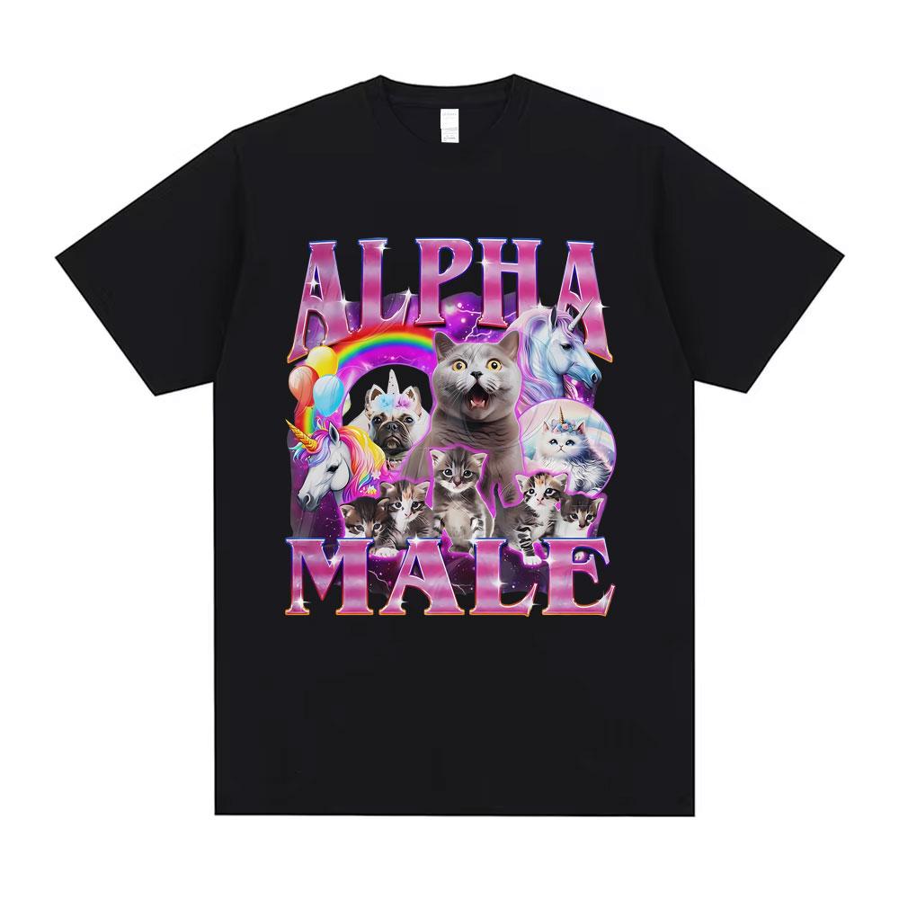 Alpha Male Unicorn Cat Funny Meme Print T Shirt Unisex Casual Vintage Short Sleeve Cotton Oversized T-shirt Streetwear Unisex Tops