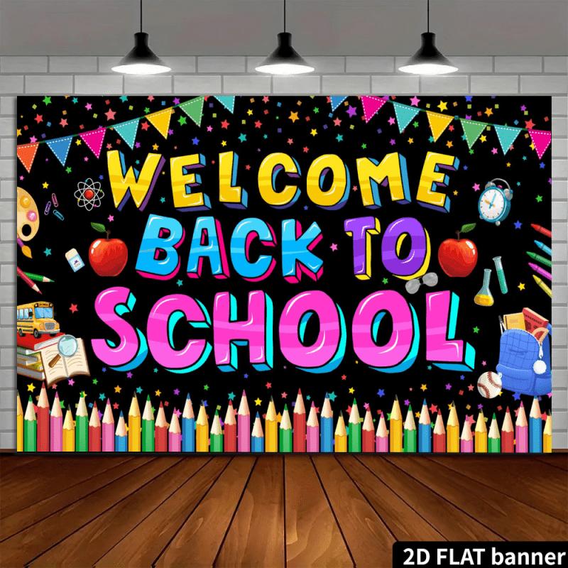 Welcome Back School Banner - Classroom decoration featuring pencil and apple patterns, 2D flat design.