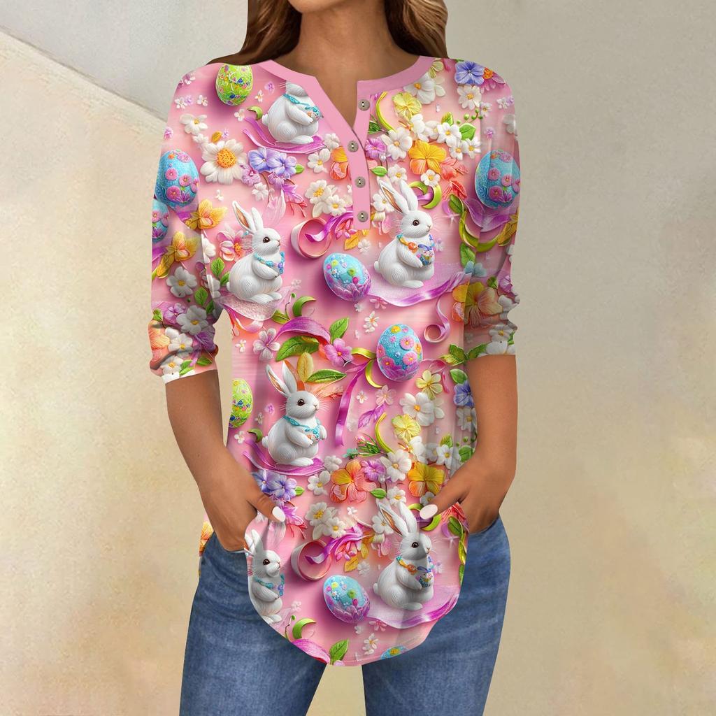 Women's 3/4 Sleeve Easter Egg Bunny Print Button Collar Fashion Casual Top