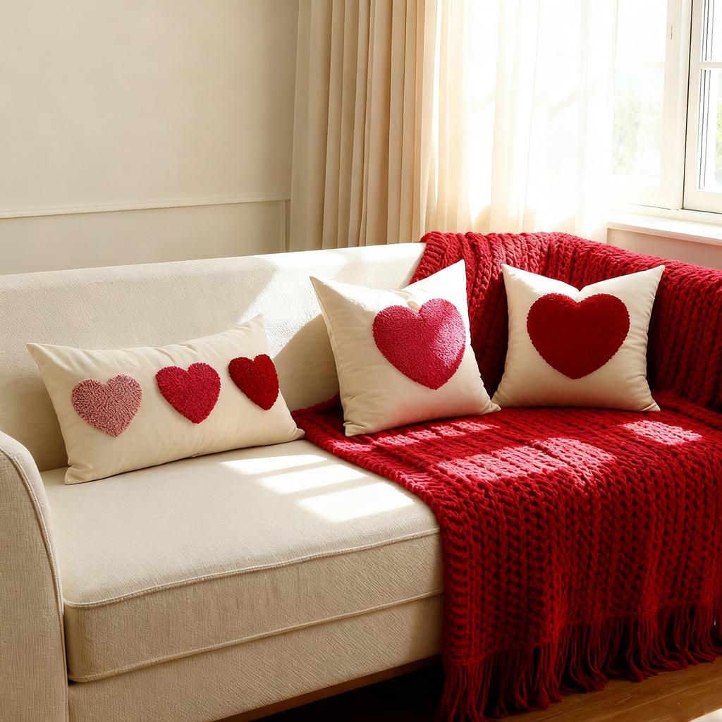 Red White Heart Embroidery Couple Pillow Cover Modern Minimalist Cushion Case Towel Stitch Throw Pillow Case 45x45cm
