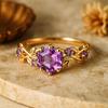 Hexagon Amethyst Engagement Ring – Yellow Gold Plated Leaf Wedding Band for Women | February Birthstone Promise, Anniversary Gift