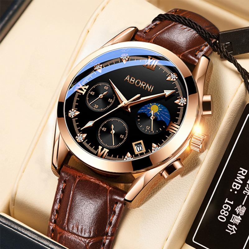 ABORNI Роскошные мужские наручные часы с хронографом, водонепроницаемые, светящиеся, мужские часы из кожи, высококачественные спортивные кварцевые часы для мужчин