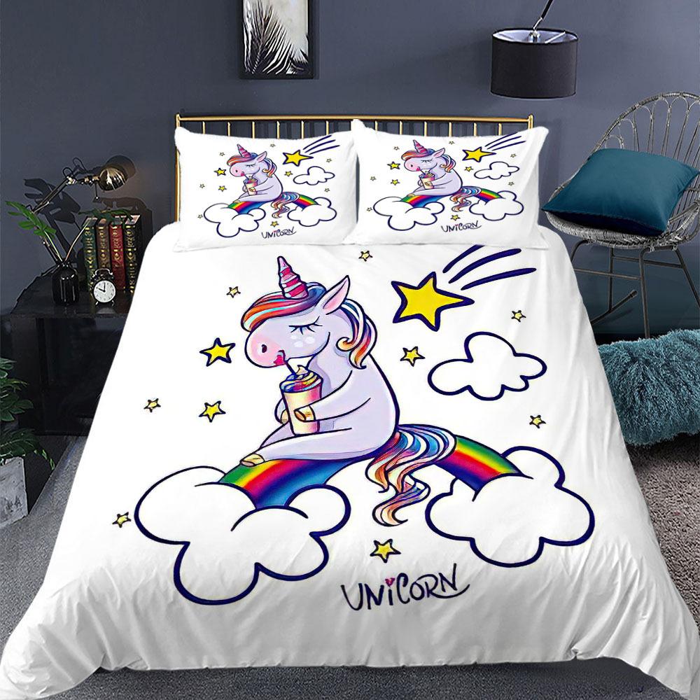 Unicorn Duvet Cover Set King Queen Size Pink 3D Print Cute Unicorn Star Rainbow Cloud for Kids Girls Boys Polyester Bedding Set