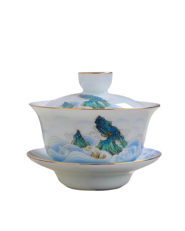 Chaxun Celadon Mutton Fat Jade Porcelain Sancai Gaiwan Tea Set