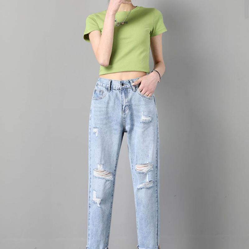 Рваные джинсы-девятиточки женские свободные летние тонкие с высокой посадкой прямые брюки