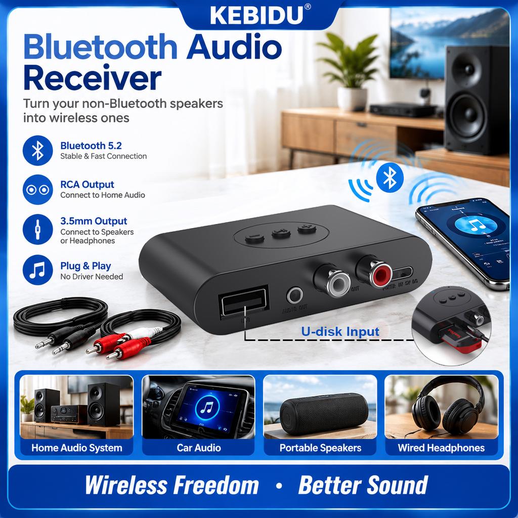 Bluetooth 5.2 Аудиоприемник 3,5 мм AUX RCA Двойной выходной интерфейс Hifi Стерео Музыка Беспроводной аудиоадаптер для ТВ ПК Автомобильный комплект Динамик