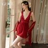 Women's Lace Sheer Mesh Deep V Tie Waist Slit Backless Cami Sleep Dress with Robe Lounge Set