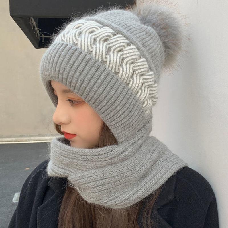 Winter Warm Hat Scarf Set Women Lady Plush Pompom Crochet Wool Knit Pullover Cap Outdoor Thick Windproof Warmer Hat Scarves