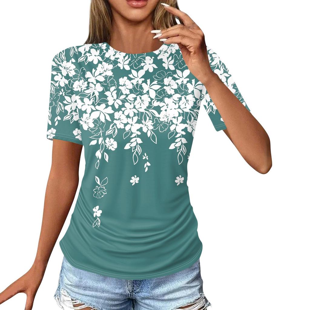 Women's T Shirts Fashion Casual Tops Round Neck Short Sleeve Printed Tunic