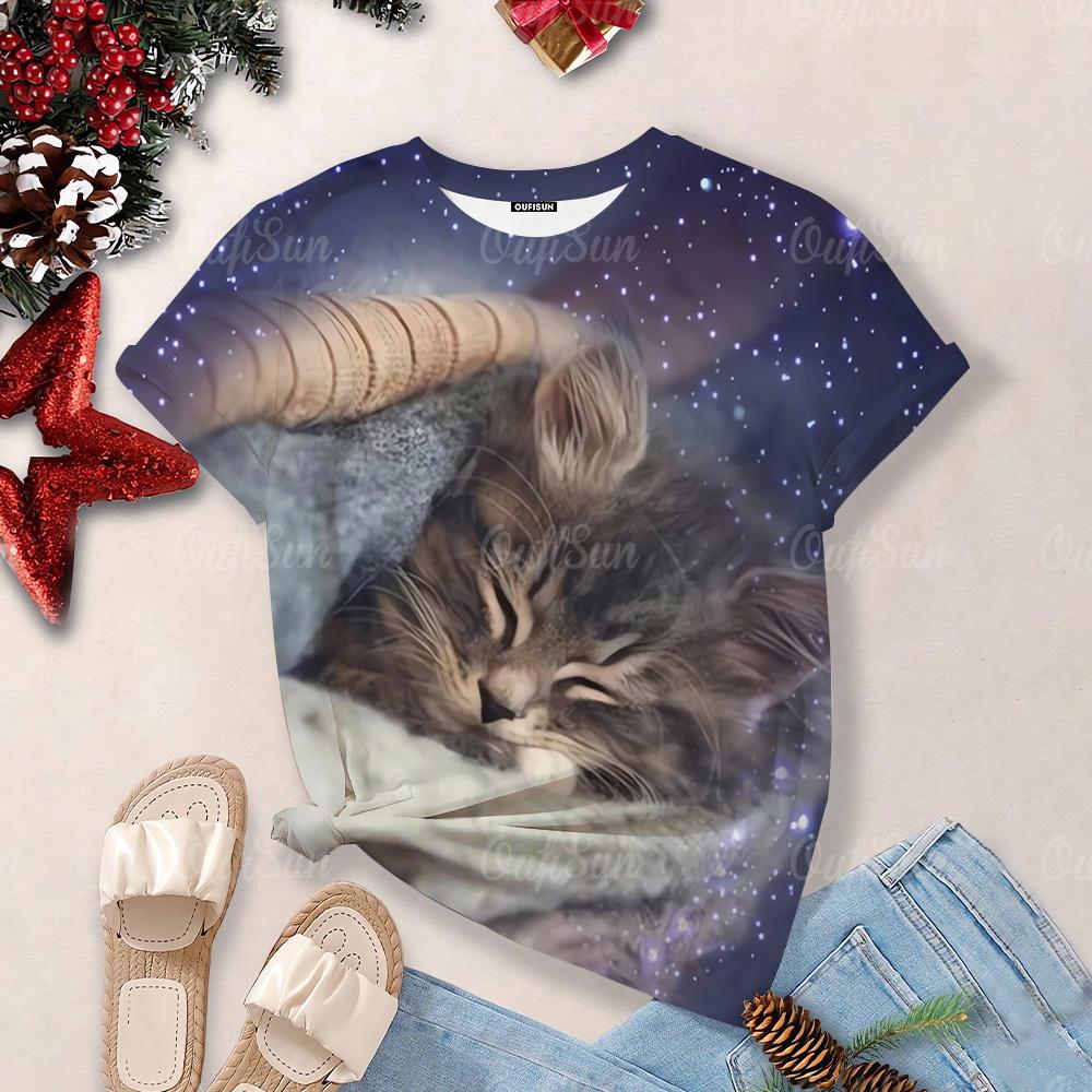 Футболки Overzise для женщин 2024, футболки с круглым вырезом и короткими рукавами с 3d принтом милого кота, топы, кавайные повседневные футболки, эстетические женские топы