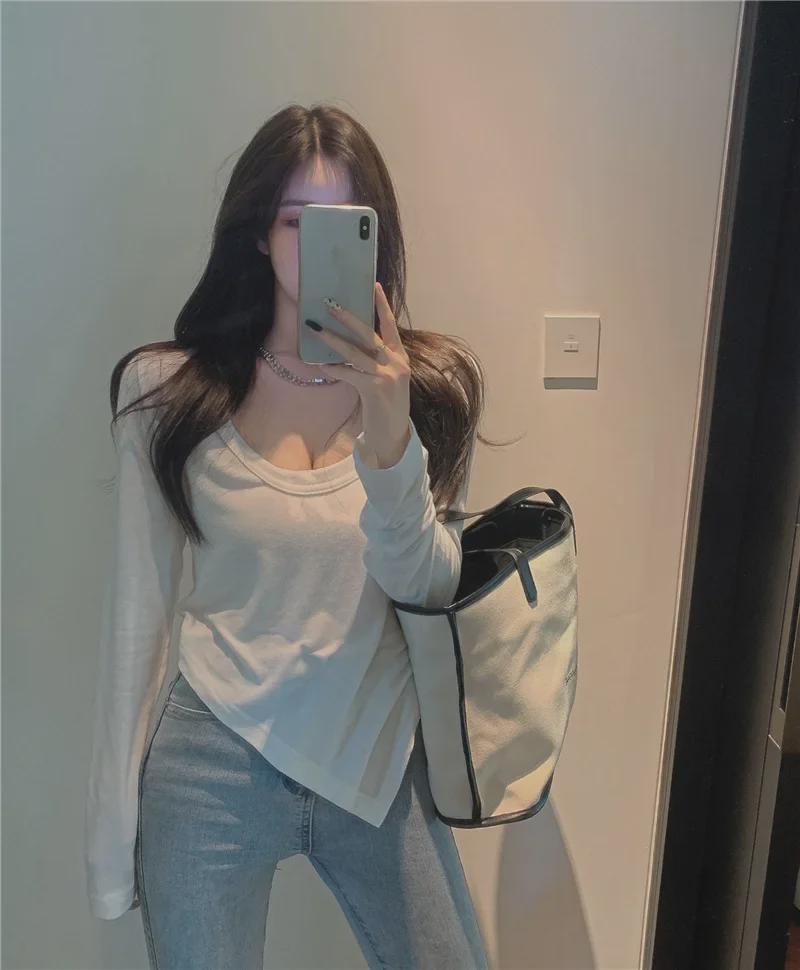 Women's Slim Fit Long-Sleeve Low-Collar White T-Shirt - Autumn 2024 Collection