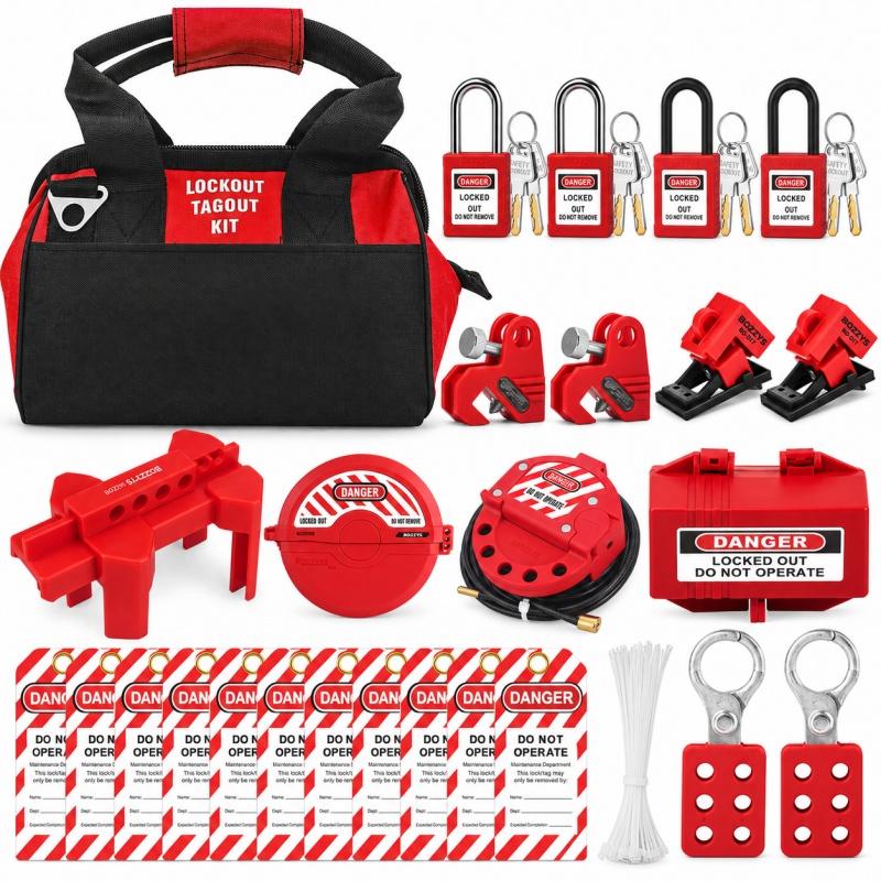 BOZZYS Complete Lockout Tagout Kit Safety Lockout Set with Padlocks Cable Lock Valve Lockout Hasps Tags Zip Ties 4