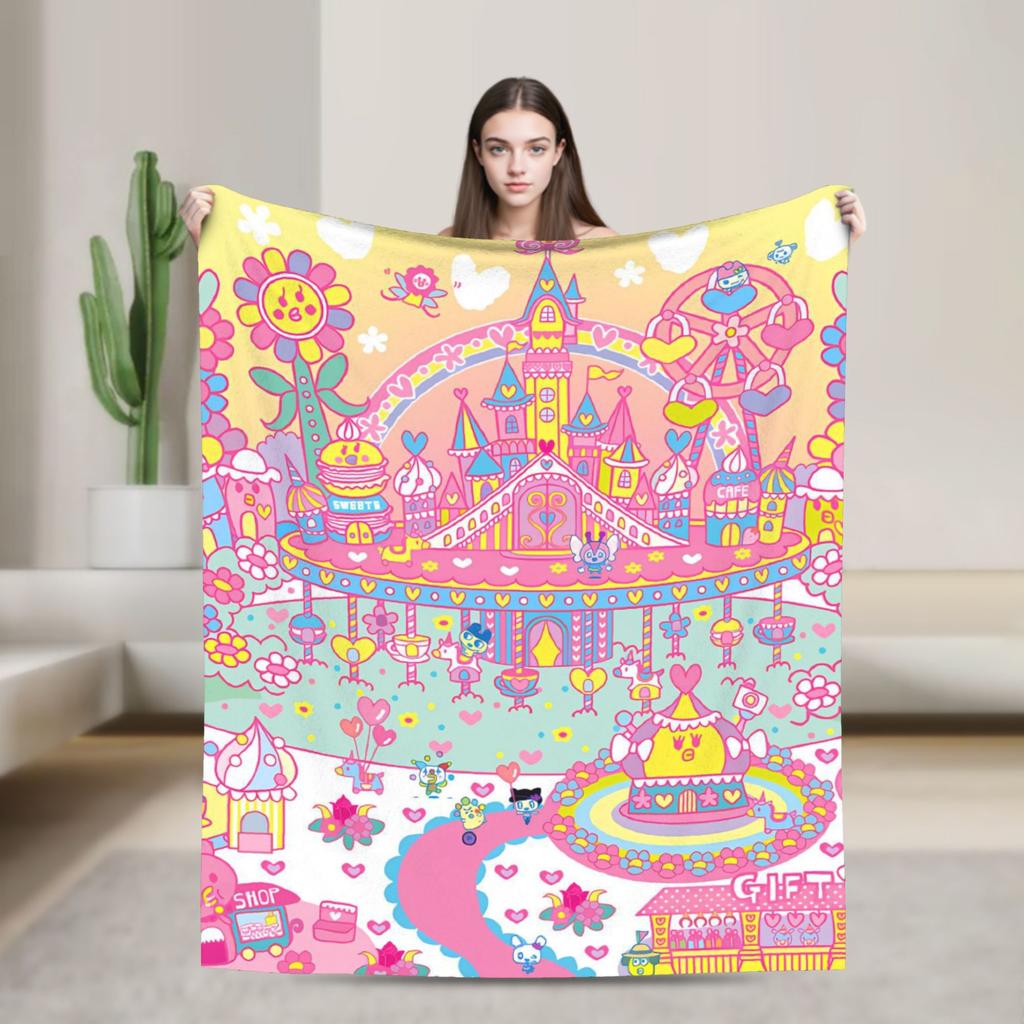 Japanese Cartoon Tamagotchis Blanket Cover Flannel Lightweight Thin Throw Blanket for Airplane Travel Bedspread