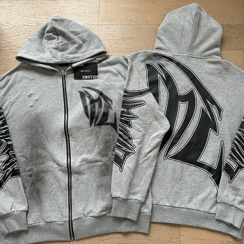 Oversized Hooded Zip-Up Sweatshirt With Letter Print Rhinestone Embellishment Cotton Blend Unisex Streetwear Set