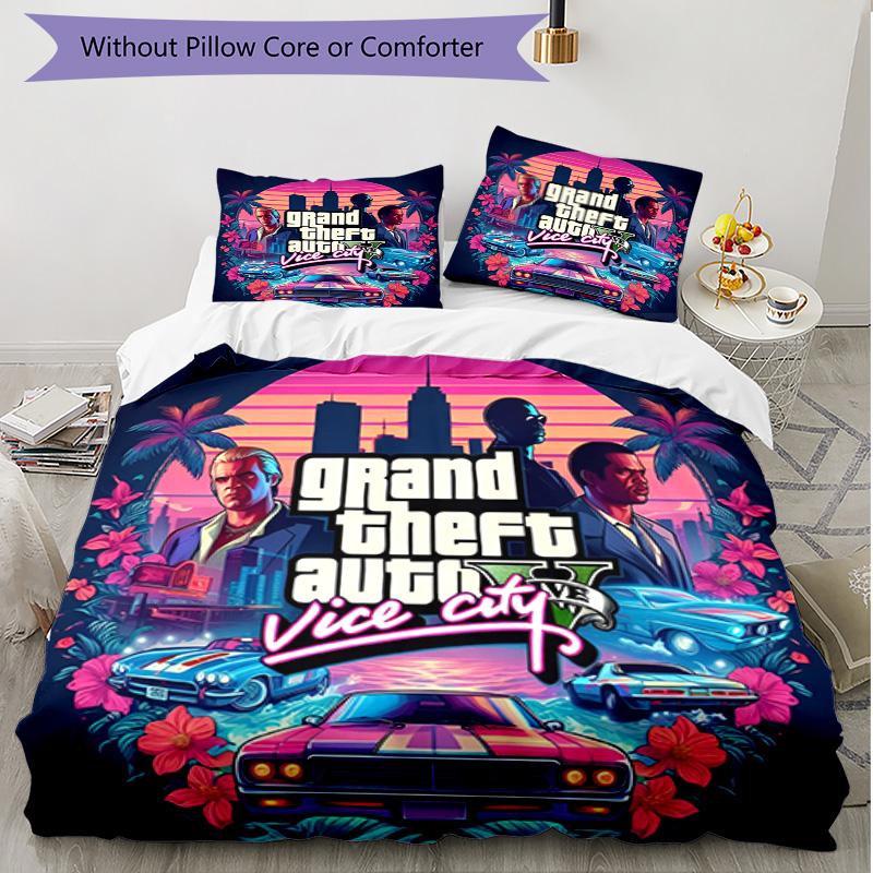3pcs Duvet Cover Set (1*Duvet Cover + 2*Pillowcase, Without Core), Grand Theft Auto VI Print Soft All‑Season Bedding Set, Home Bedroom Decor Gift