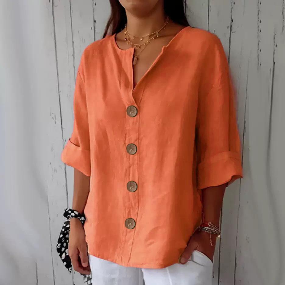 Summer Loose Fitting Women's V-neck Cotton Linen Button T-shirt Top for Women Shirt