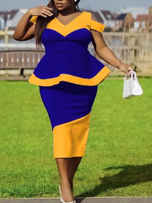 Лоскутное платье, облегающее вечернее платье с открытыми плечами, цветных блоков, женское платье с баской, коротким рукавом и v-образным вырезом, элегантное африканское летнее офисное платье, большие размеры