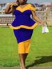 Patchwork Dress Bodycon Party Cold Shoulder Color Block Women Peplum Short Sleeve V Neck Elegant African Summer Office Outfits Plus Size