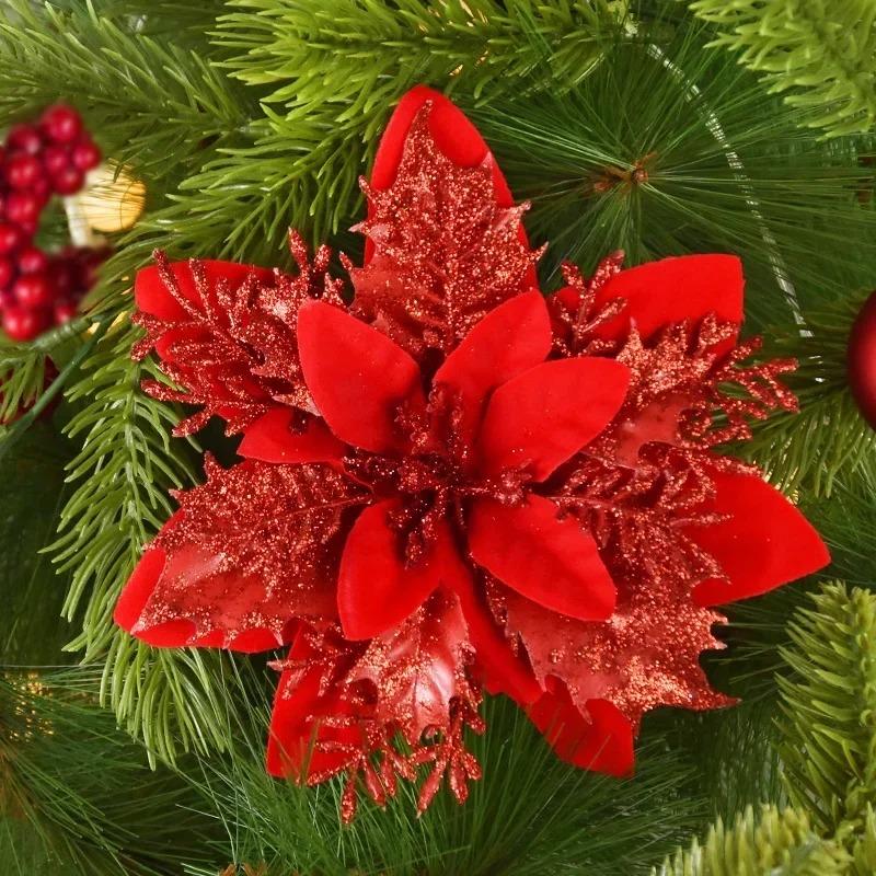 Christmas Glitter Artificial Flowers Floral Silk Fake Flower with Clips for Xmas Tree Hanging Ornaments New Year Gift Home Decor