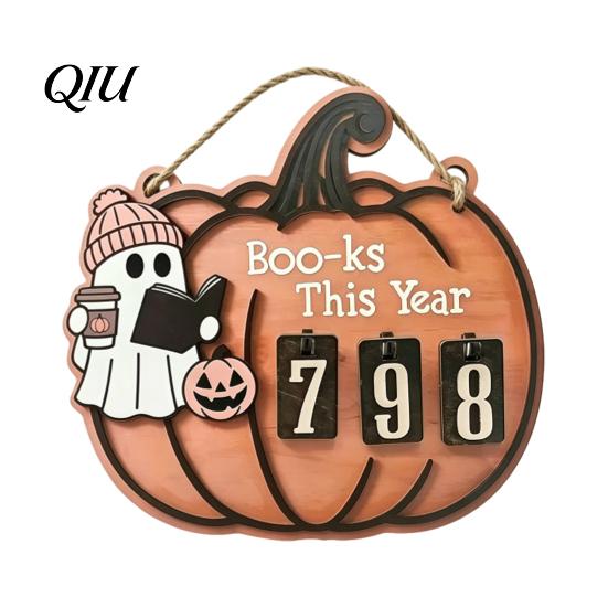 Raised Pattern Counter Halloween Ghost Pumpkin Reading Tracker Wooden Hanging Sign, Sliding Number for Book Read This Year, Progress Spooky Decor