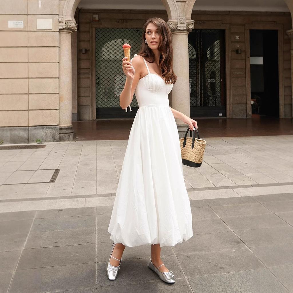 Платье-баллон на бретельках из чистого хлопка Летнее платье-пузырь с поясом в европейском и американском стиле платье из чистого хлопка женское