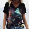 Cute Kitten Women's T-Shirts V-Neck Short Sleeve Harajuku Tshirts Summer Woman Fashions Tops Loose Casual Clothing Kawaii