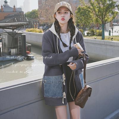 Популярная джинсовая трикотажная кожаная куртка с роговыми пуговицами ранней весны, женская свободная куртка с капюшоном большого размера