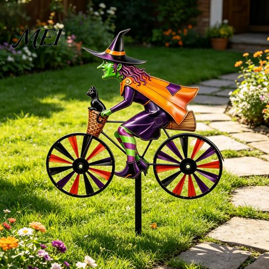 Yard Art for Garden Halloween Wizard/Ghost/Black Cat/Skeleton Bicycle Ground Stake Ornament, Metal Stakes, Patio And Balcony Ornaments Decorative