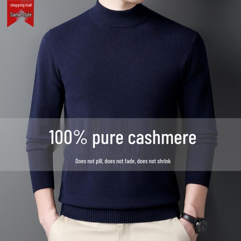 Men's 100% Cashmere Mid-Neck Black Sweater - Thickened Winter Base Layer