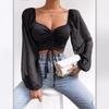 Summer New V-neck Chiffon Drawstring Lantern Sleeve Tight Fashion Sexy Shirt Top