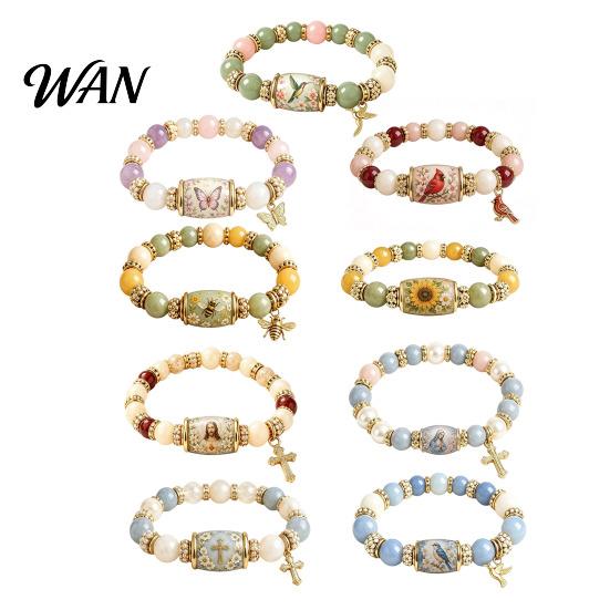 Symbolic Jewelry Bluebird Blessings Bracelet, Inspirational Hummingbird Strength Beaded Green Nature-inspired Bracelet Beads Cherry Blossoms for Women