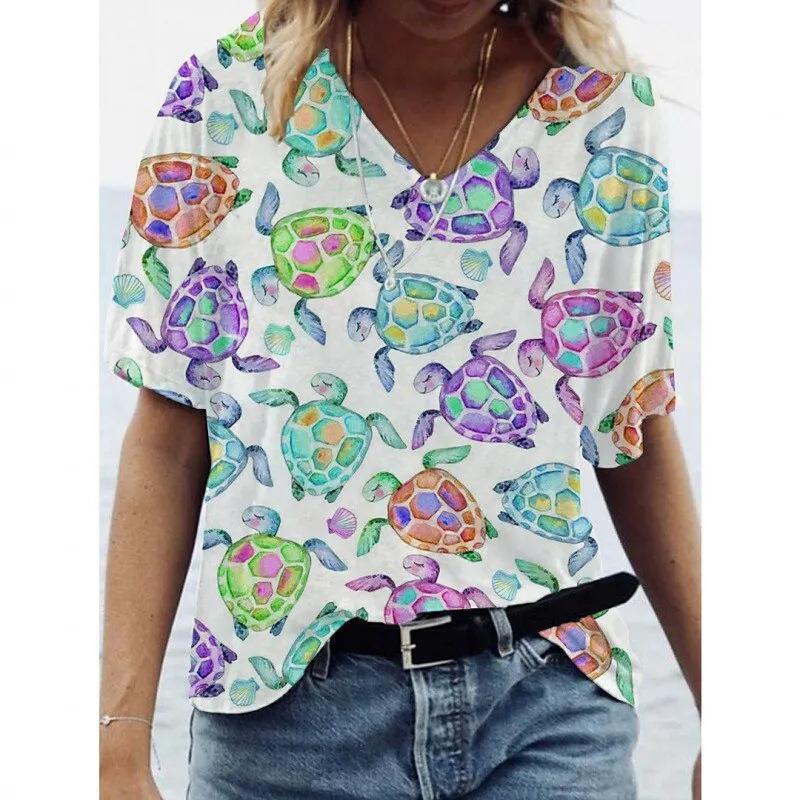 Женская футболка с V-образным вырезом и 3D-принтом в виде дельфина. Модная футболка с короткими рукавами и принтом.