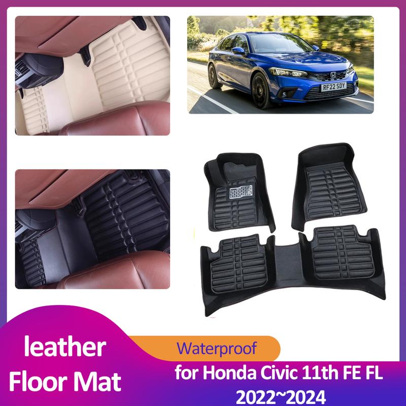 Коврик для пола для Honda Civic 11-го поколения FE FL ~2024 Кожаный Внутренний Вкладыш для Ног Противоскользящий Водонепроницаемый Ковер Накладка Аксессуары