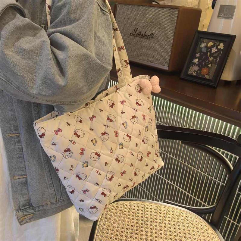 Милая сумочка Sanrio Hello Kitty, вместительная сумка для хранения вещей, женская сумка-тоут из хлопка, сумка через плечо, портативная дорожная сумка.