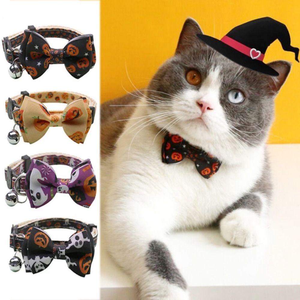 With Bell Kitten Pumpkin Necklace Adjustable Cat Pumpkin Bow Tie Halloween Cat Collar Halloween