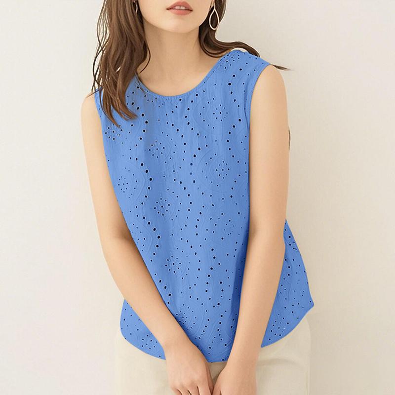 ZANZEA Женские повседневные летние майки без рукавов с круглым вырезом, вышивкой и крючком