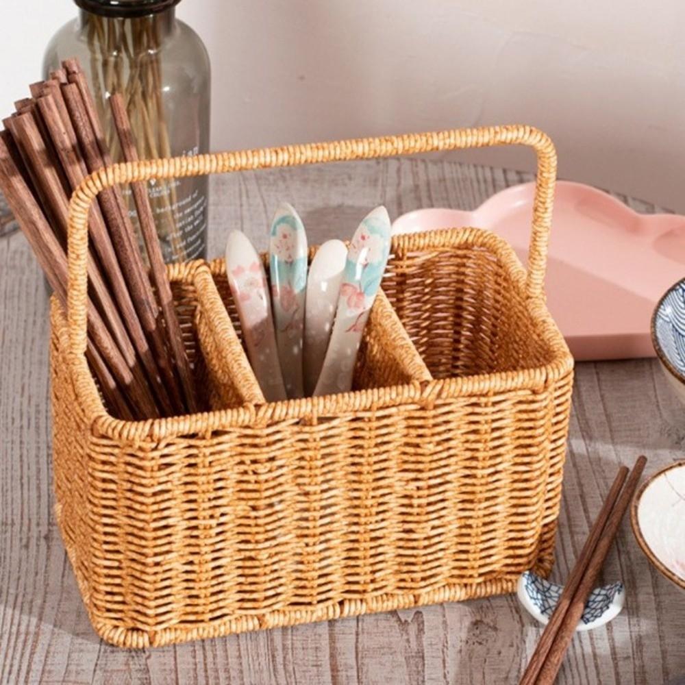 Large Capacity Silverware Holder with Handle Woven Cutlery Organizer  Dormitory