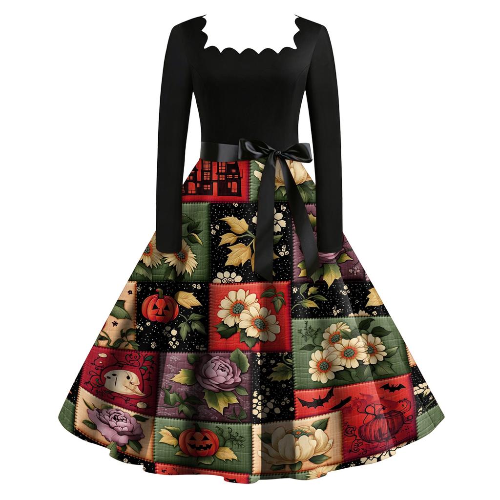 Women's Vintage Long Sleeve Square Neck Dress Halloween Skeleton Print Party Dress Retro Style Full Skirt with Waist Tie Belt