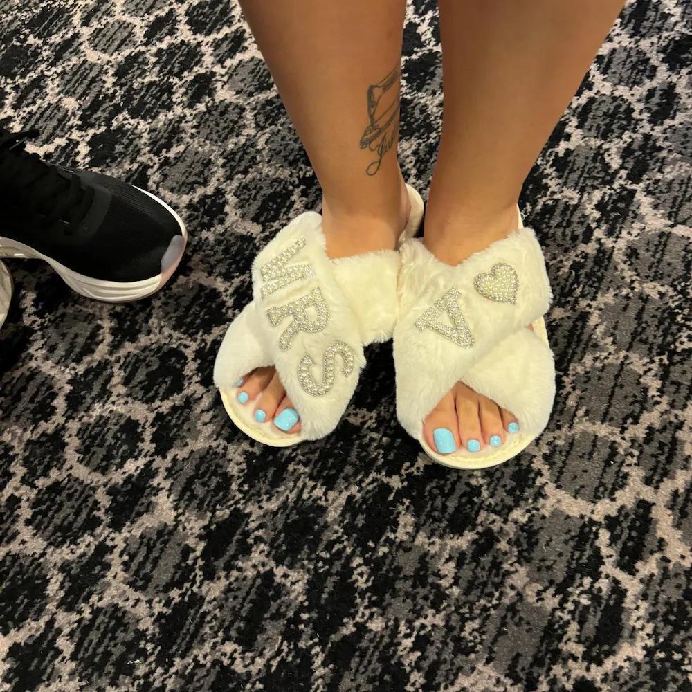 Pearl Letter MRS Plush Cross-Band Slippers for Bridesmaids