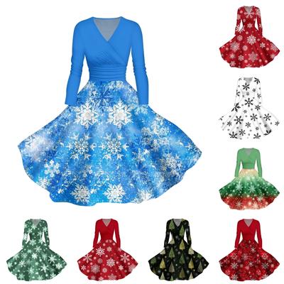 Женское повседневное и модное печатное сексуальное платье с длинными рукавами и V-образным вырезом, сексуальное рождественское платье