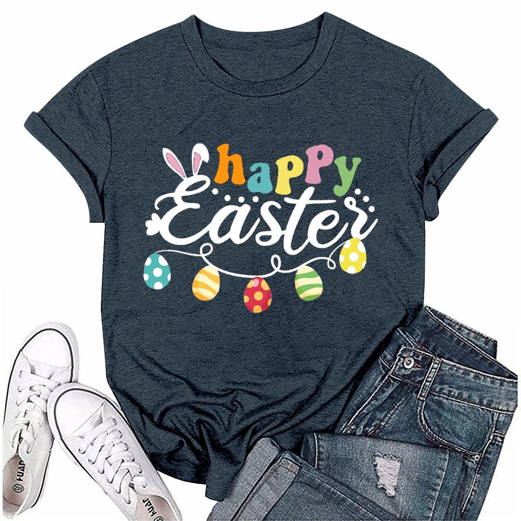 Женская модная пасхальная принтованная повседневная плиссированная круглая футболка с коротким рукавом