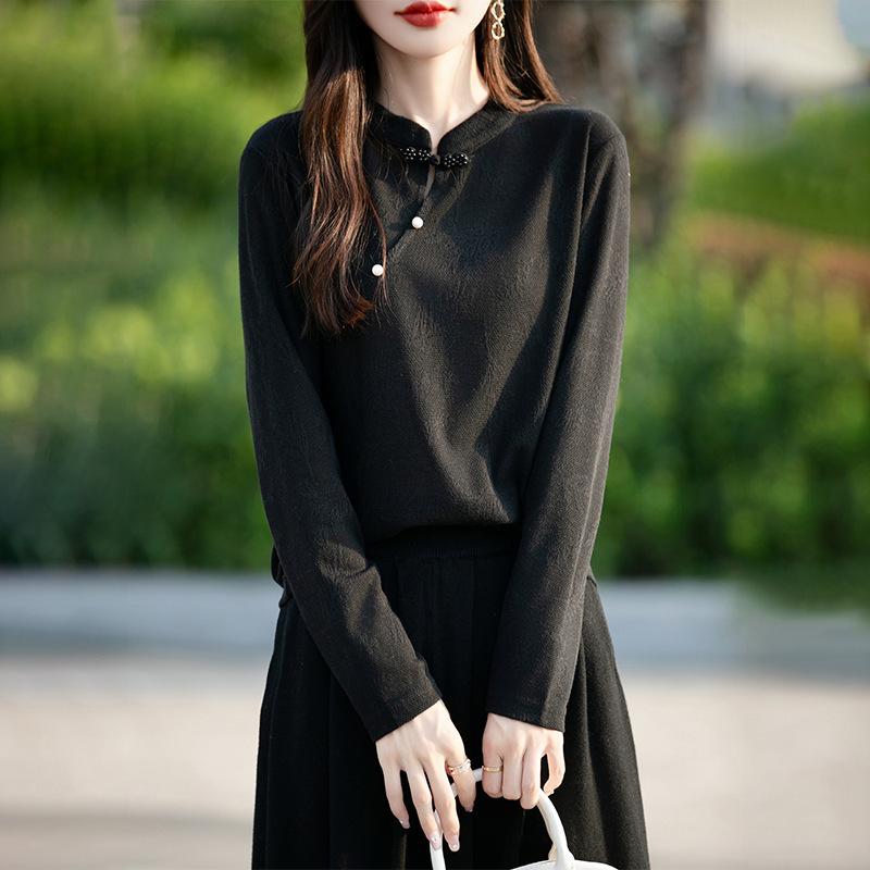 Новый трикотажный свитер с круглым вырезом для весны и осени, с длинными рукавами, жаккардовым узором, диагональной застежкой, свободного кроя в новом китайском стиле