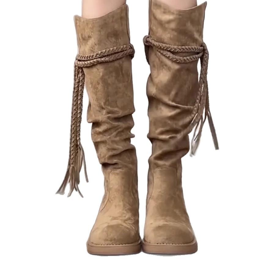Версия из мягкой кожи~ ретро пустошь ветер бахрома рыцарские сапоги толстый каблук но сапоги до колена популярные сапоги-чулки средней высоты женские